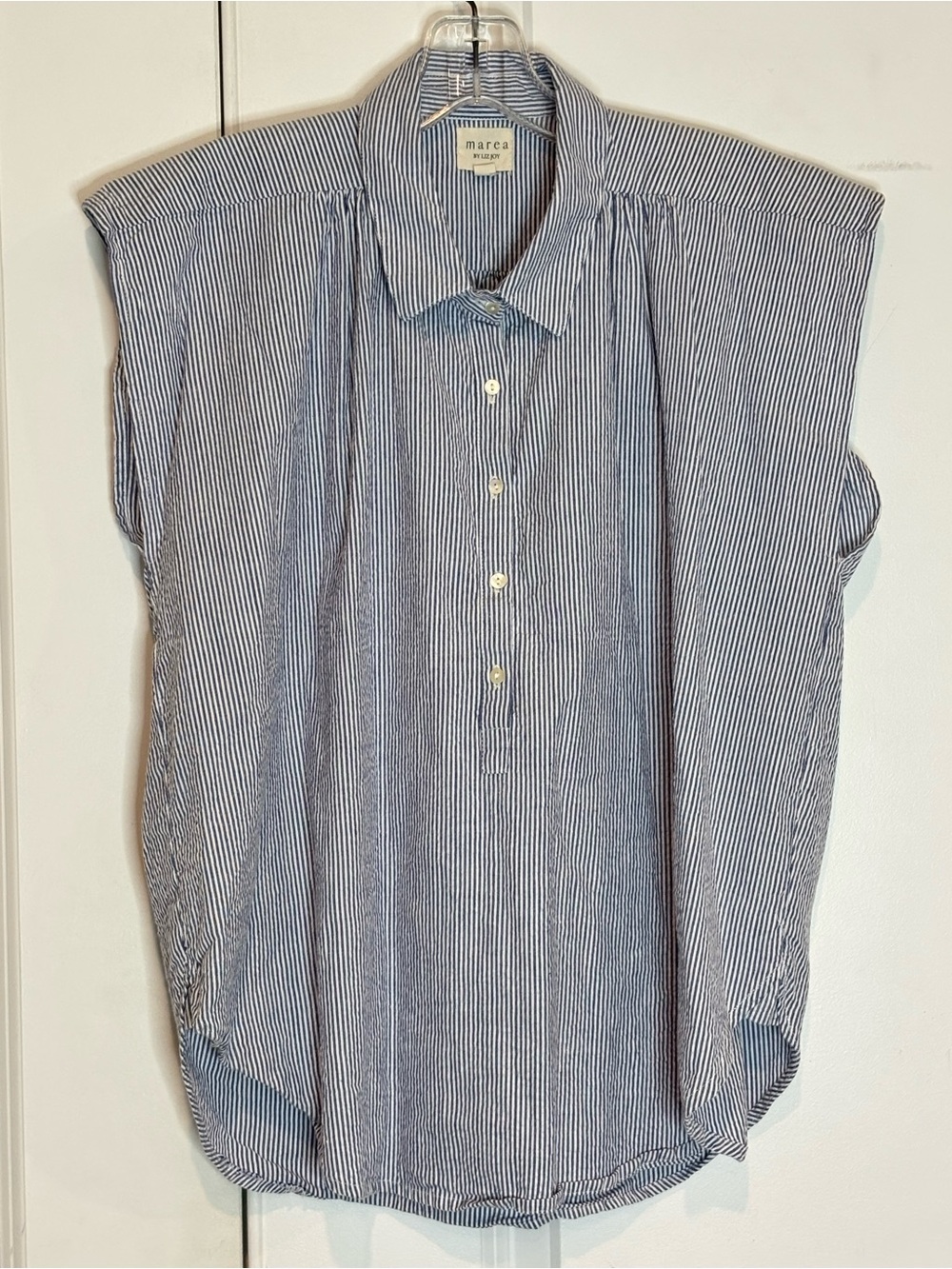 Marea by Liz Joy Blue White Seersucker Stripe Sleeveless Collared Popover Top S